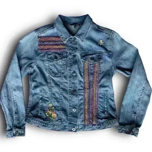 Boho Embellished Studded Hippie Blue Jean Denim Jacket Floral Aztec Embroidery S - Picture 1 of 9